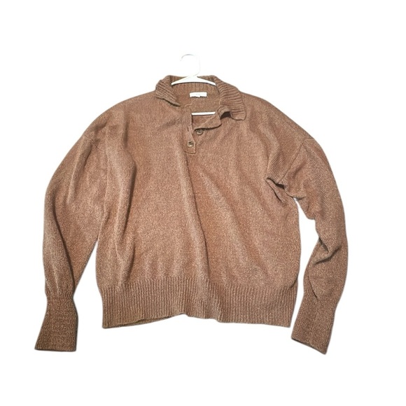 mine Tops - Women's Large MINE Loose Collared Henley Knit Sweater Brown‎